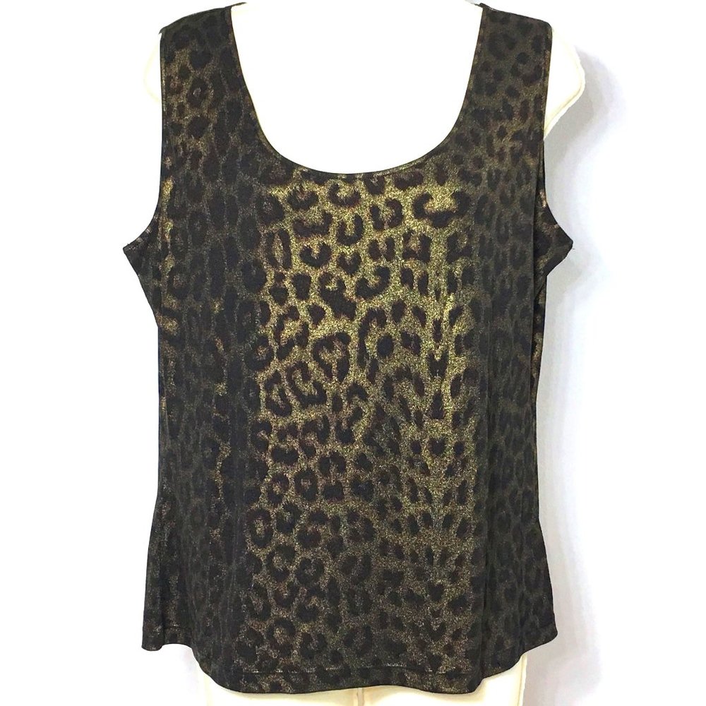 Clara S. Cheetah Leopard Animal Print Metallic Tank Top L Blouse Brown Gold